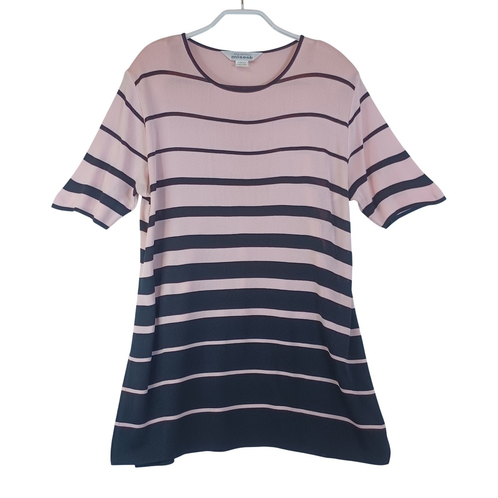 Exclusively Misook Pink Black Striped Knit Tunic Top Short Sleeve Womens Large